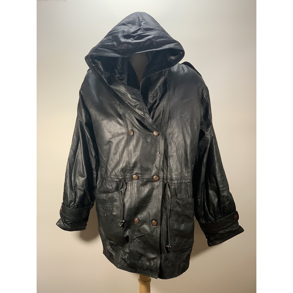 Michael Michelle USA Men's Medium Button‎ Up Leather Hooded Jacket Black